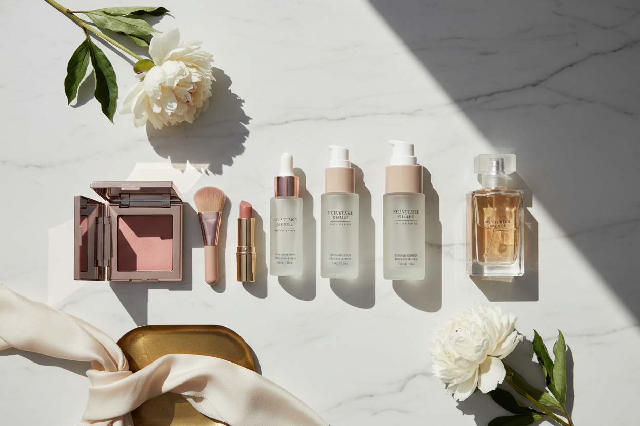 Luxury skincare and makeup set with blush, lipstick, serums, and perfume on marble with white peonies