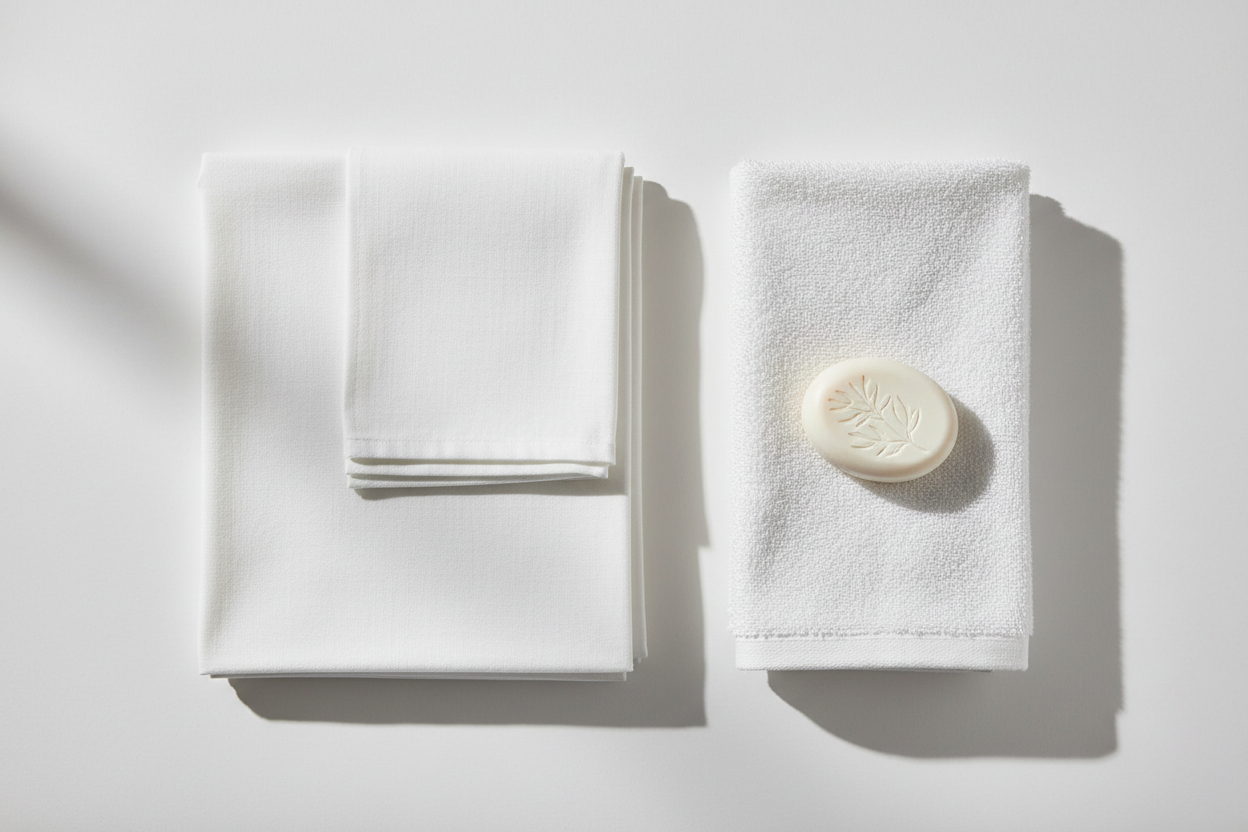 White luxury bath towels with soap bar, premium quality home essentials for UAE delivery