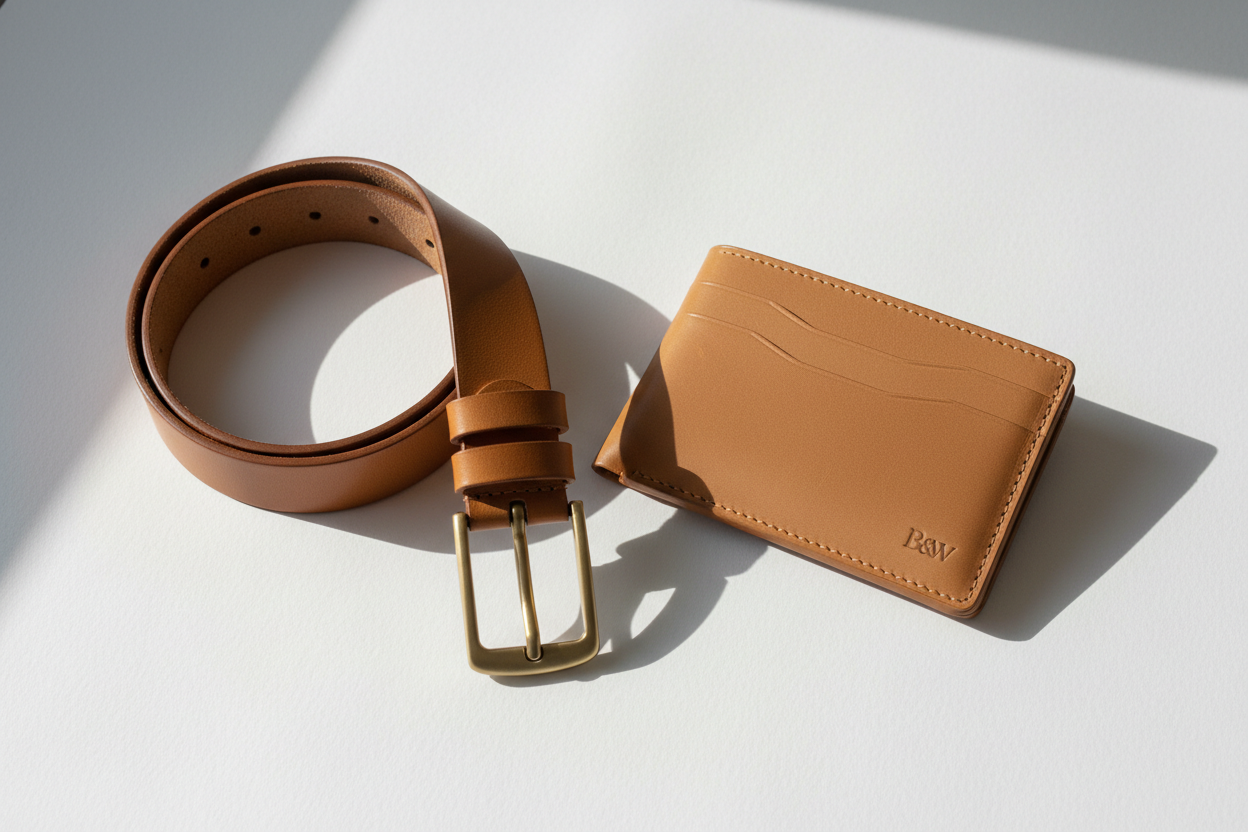 Tan leather belt with gold buckle and matching cardholder, minimalist men's accessories