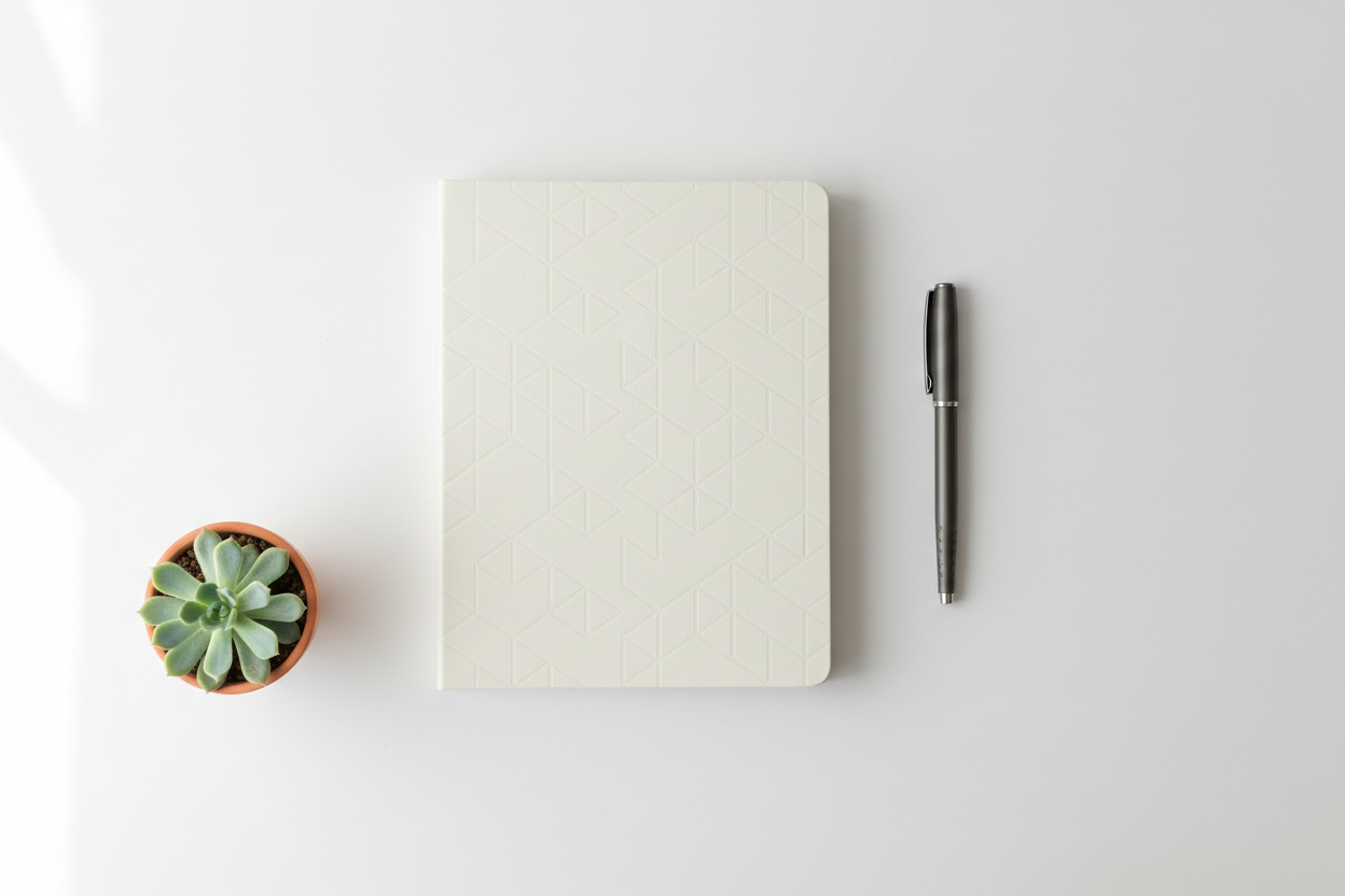 Cream geometric notebook with pen and succulent plant on white desk, minimalist workspace setup