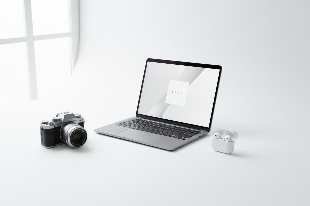 Laptop with wireless earbuds and digital camera on minimalist desk, ideal for remote work or content creation