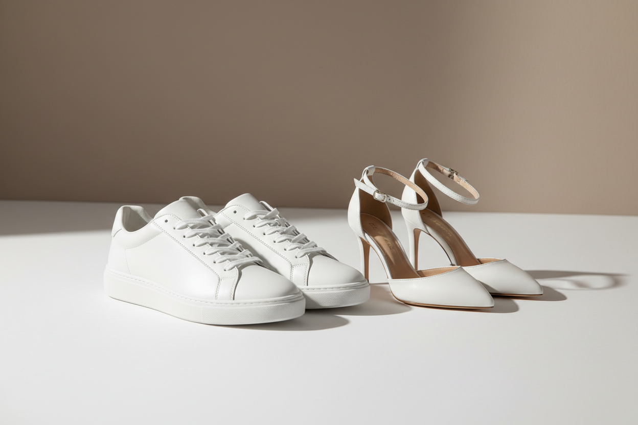 White leather sneakers and pointed-toe heels on minimalist surface, premium footwear collection