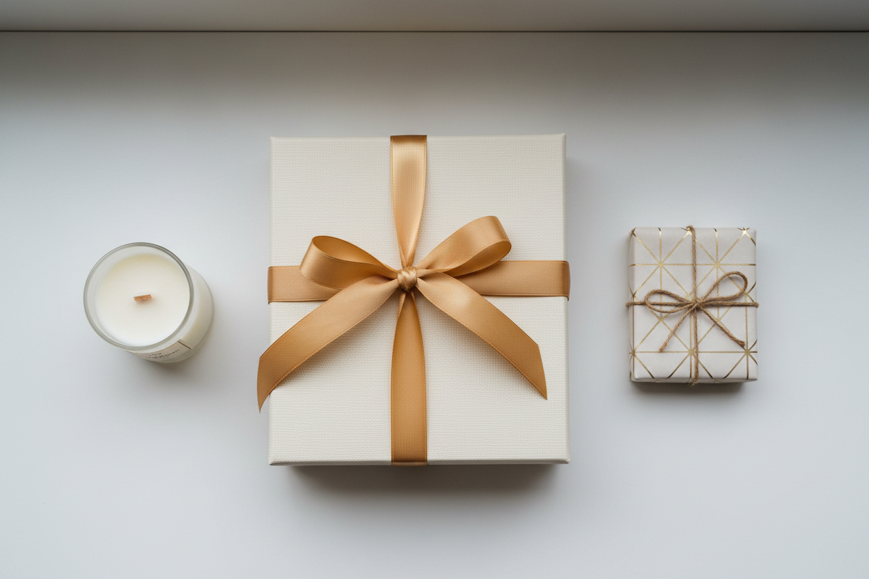 Elegant gift boxes with gold ribbon and candle, perfect for luxury gifting and home decor