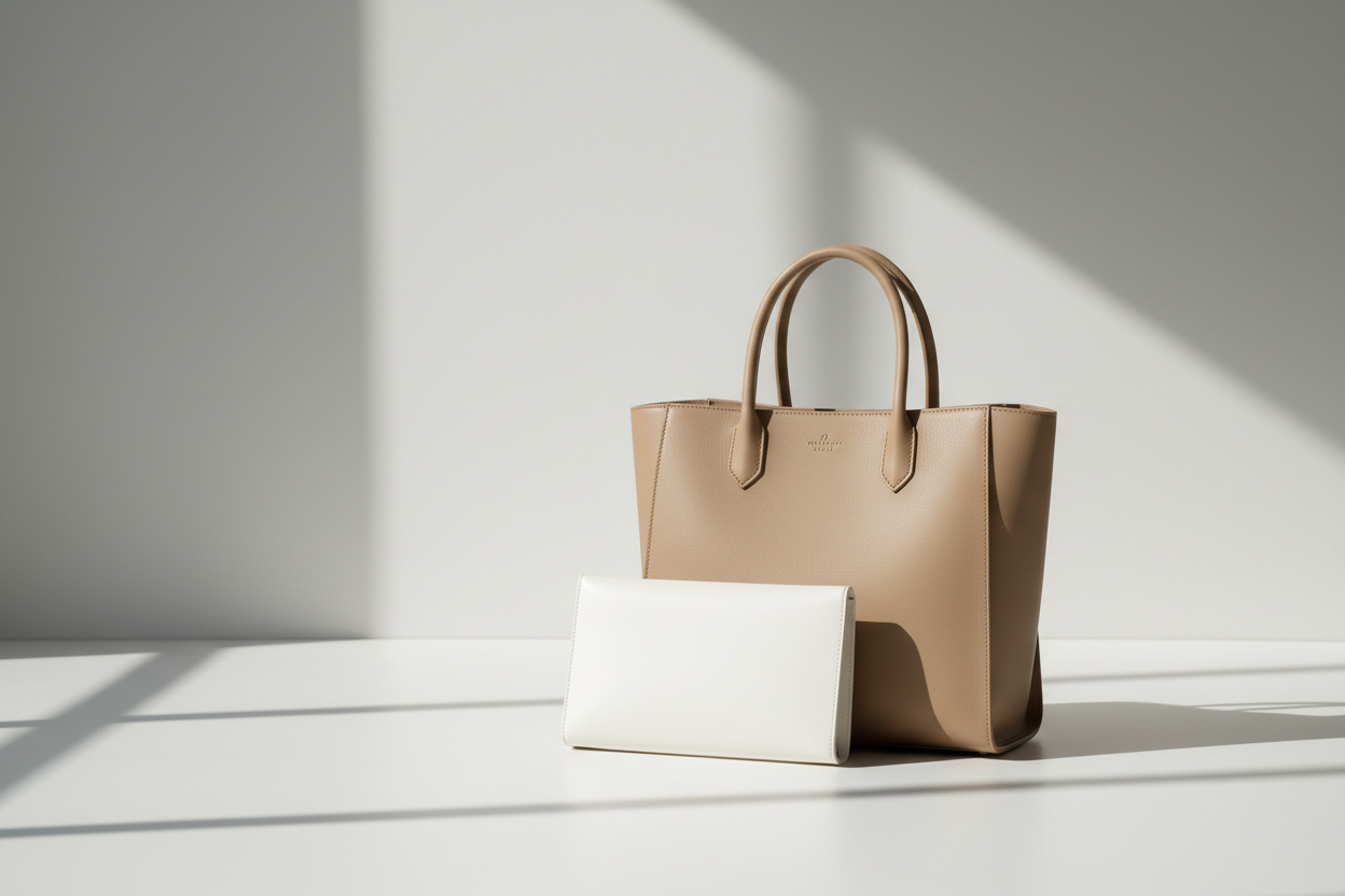 Beige leather tote bag with white clutch, minimalist design, soft lighting
