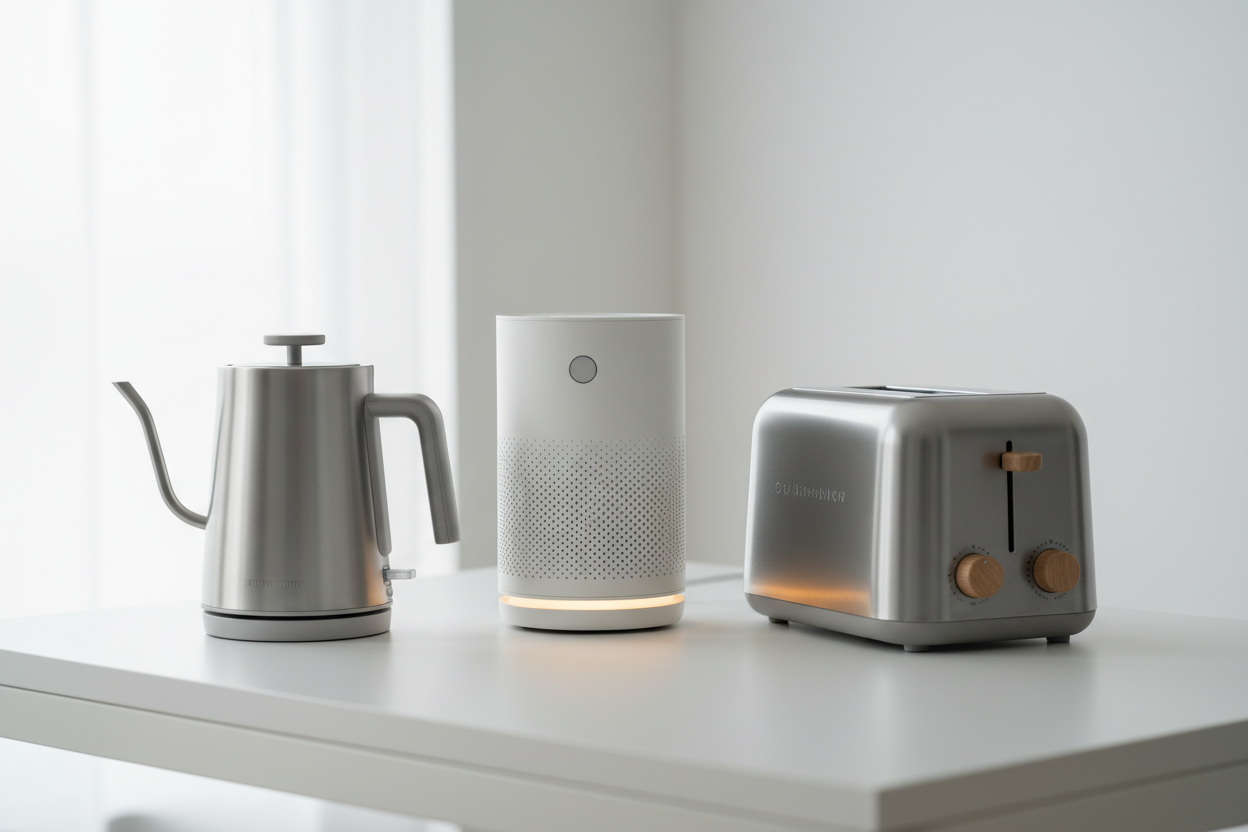Modern kitchen appliances: stainless steel kettle, smart speaker, and toaster on white countertop