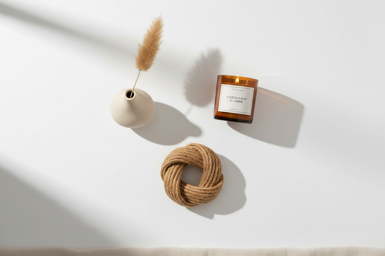 Sandalwood & Amber candle with minimalist decor, natural rope, and dried pampas grass on white surface