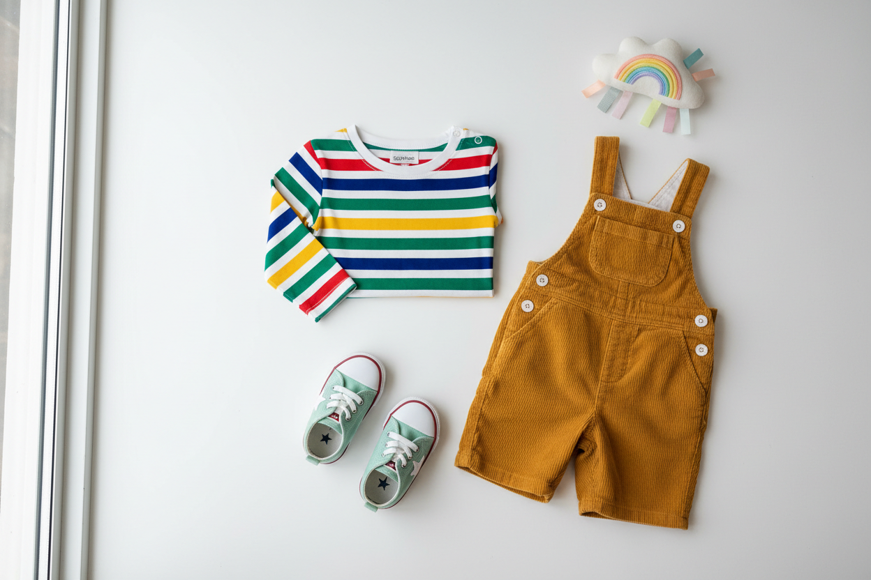 Colorful striped kids shirt, mustard corduroy overalls, mint sneakers, and rainbow cloud toy