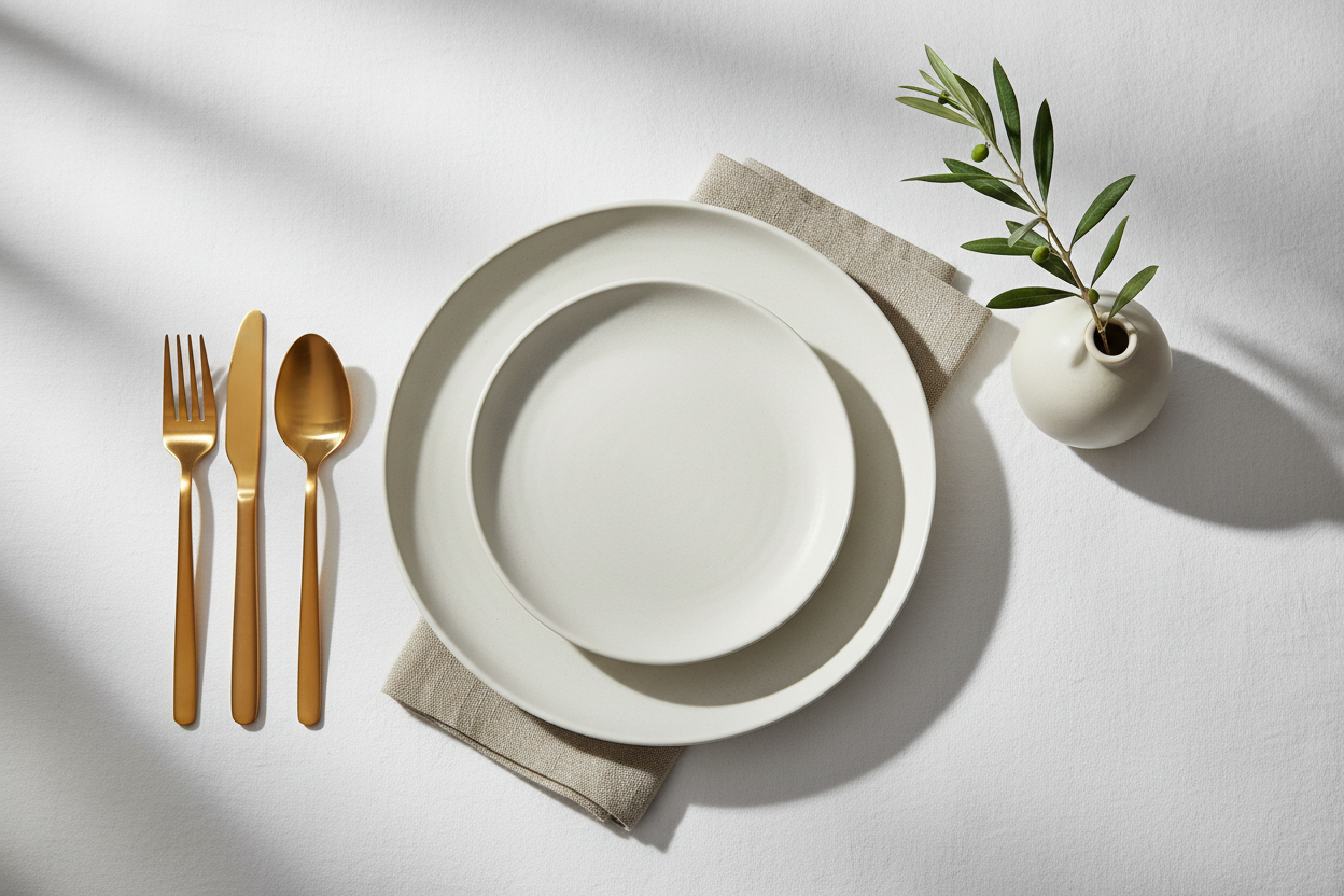 Elegant white dinnerware set with gold cutlery and olive branch decor, perfect for modern dining tables.