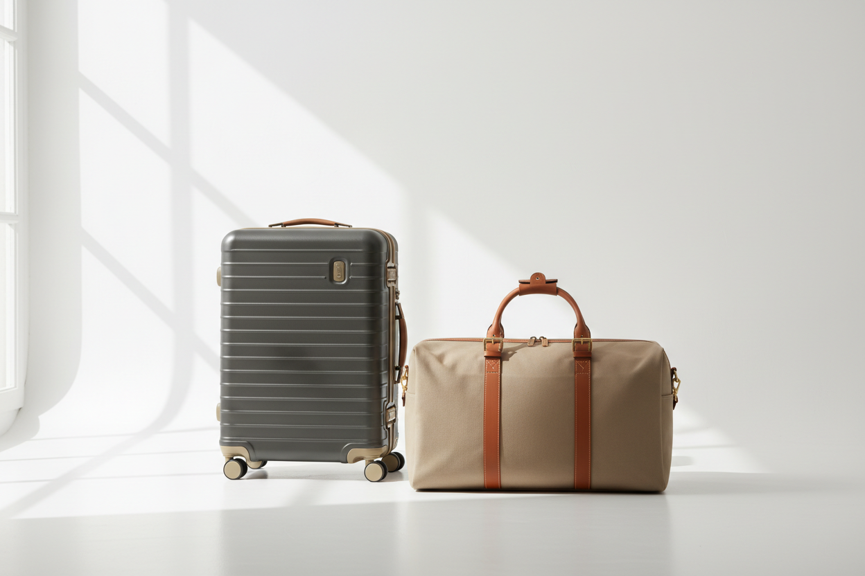 Gray hard-shell suitcase and beige duffel bag with leather straps, ideal for travel and luggage needs.
