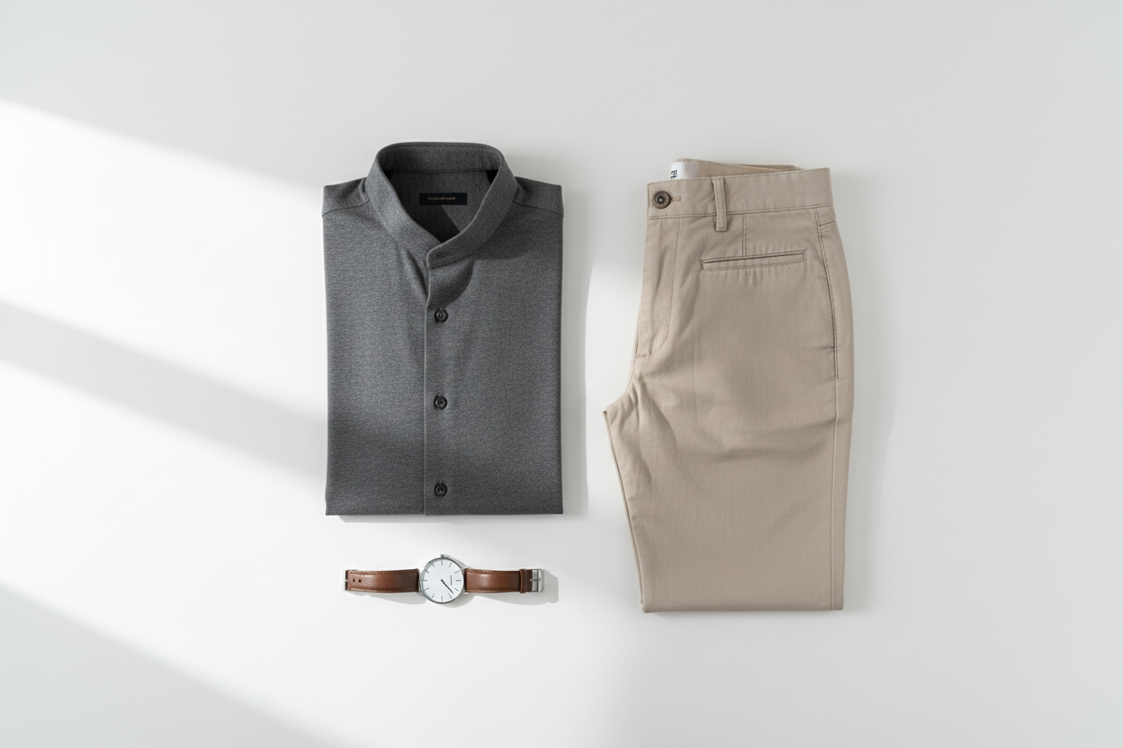 Grey button-up shirt, beige chinos, and brown leather watch on white background