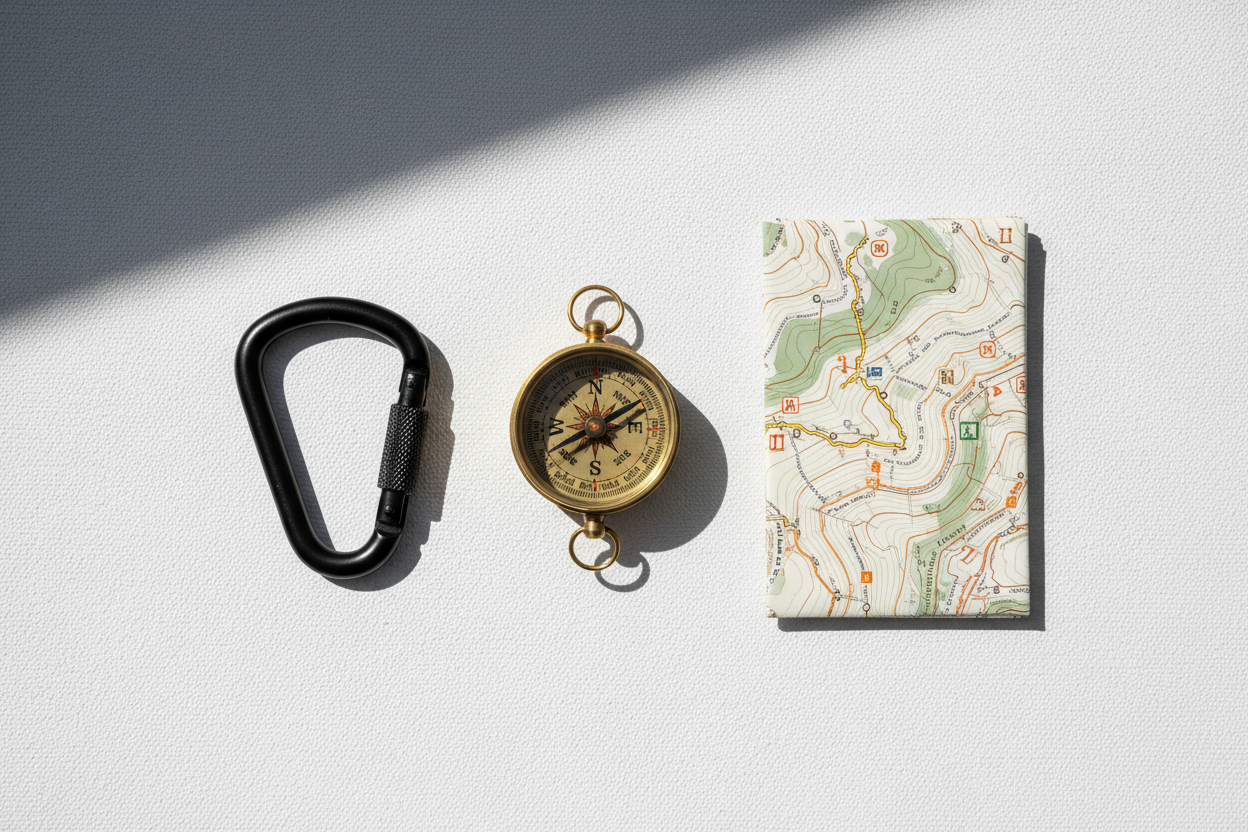 Black carabiner, brass compass, and topographic map on white textured surface for outdoor navigation