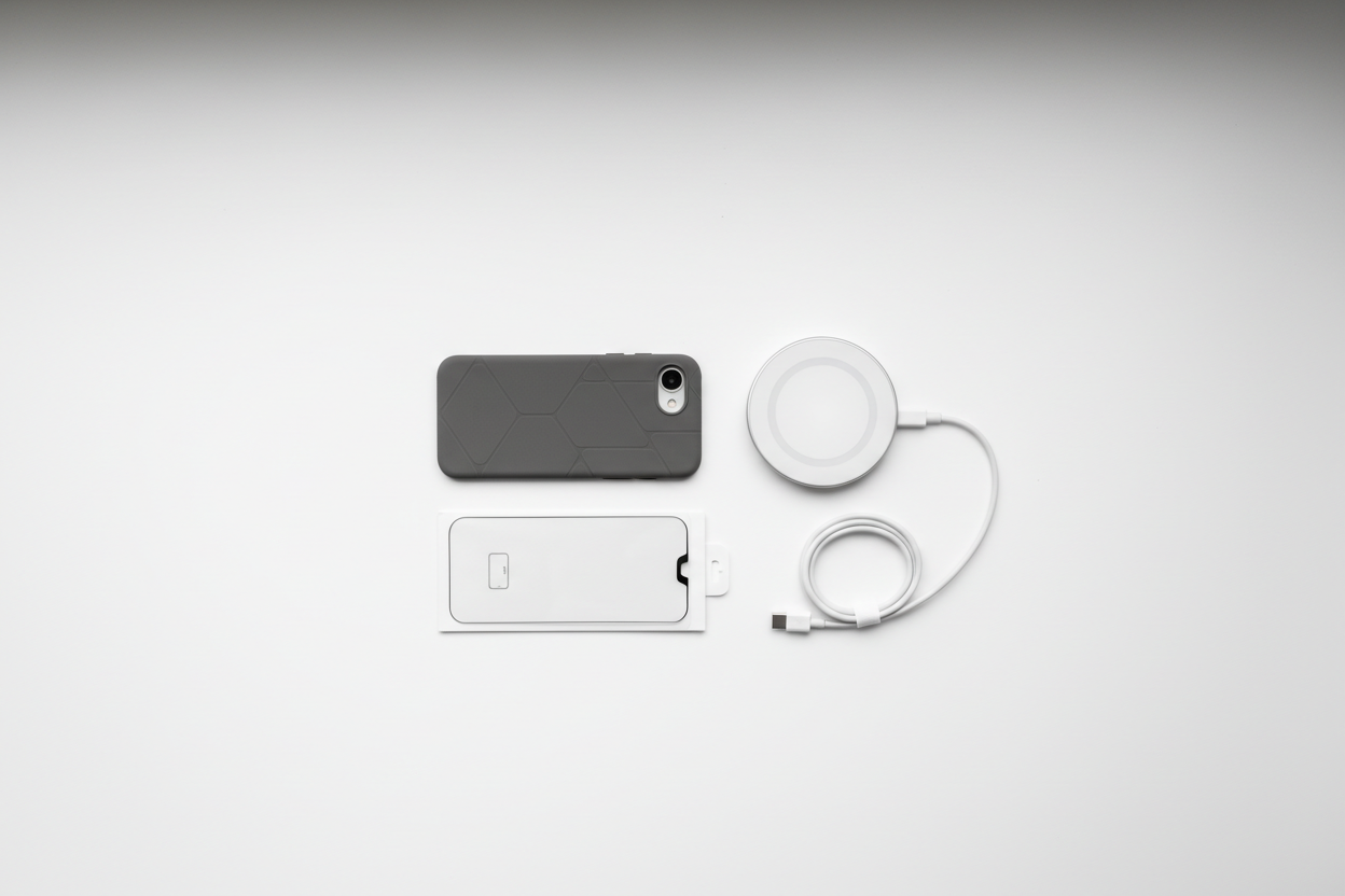 Gray phone case, wireless charger, and USB-C cable on white background
