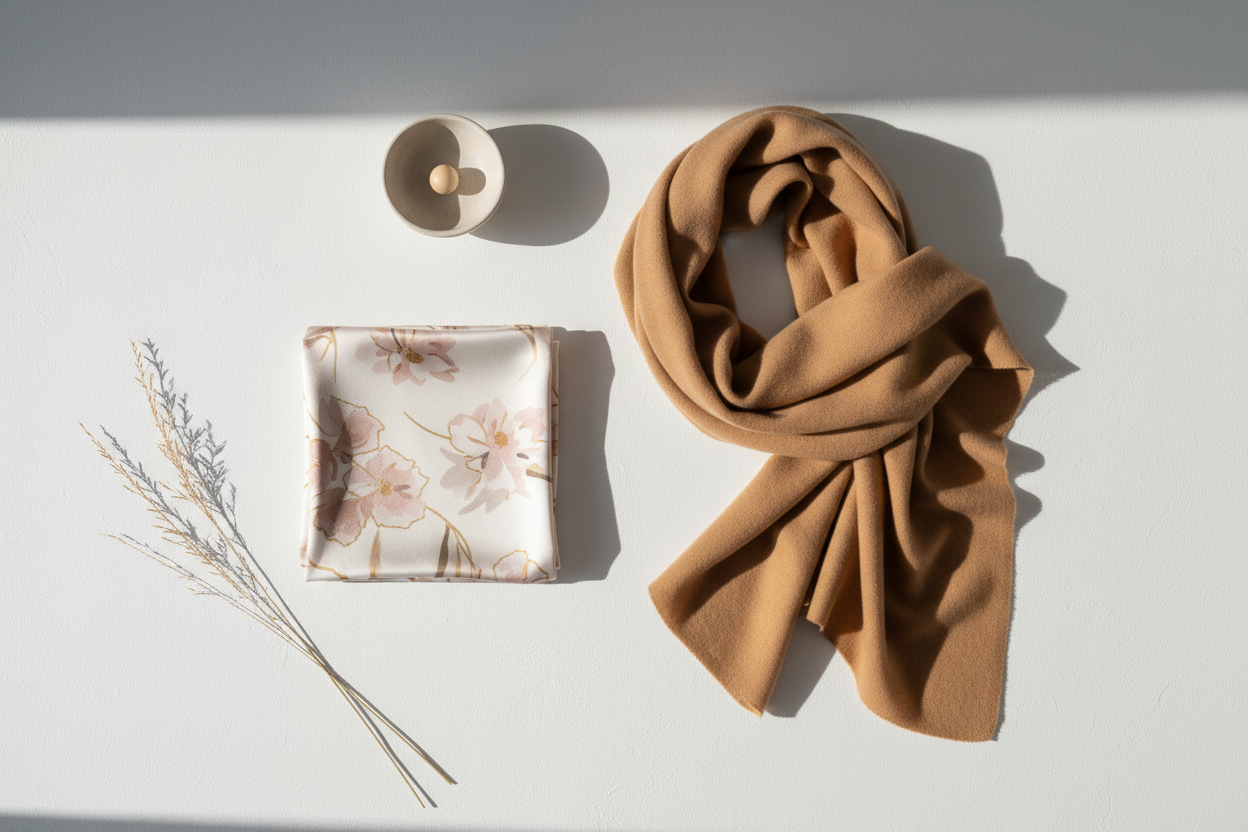Soft camel scarf with floral silk pocket square, minimalist flat lay, natural light styling