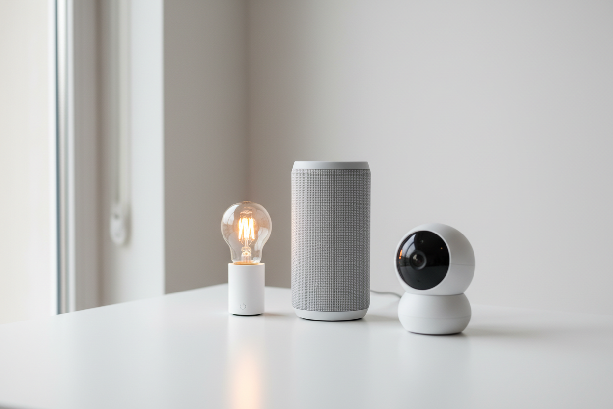 Smart home devices: smart bulb, voice assistant speaker, and security camera on white table