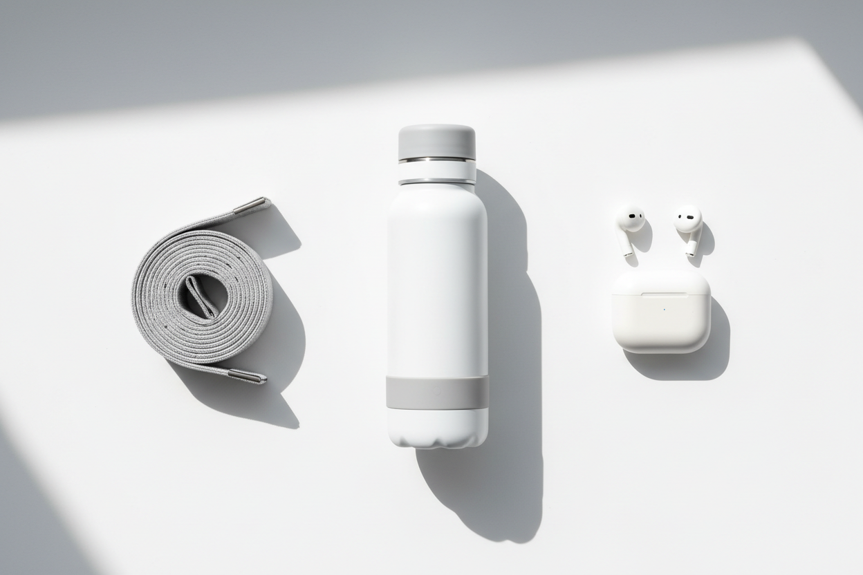 White water bottle, wireless earbuds, and gray fabric strap on minimalist white surface with soft shadows