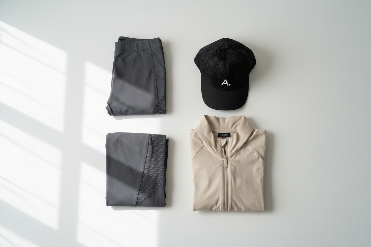 Gray athletic leggings, beige zip-up jacket, and black cap with 'A.' logo, neatly arranged on white surface