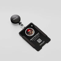 Black AlphaTap ID badge with photo, QR code, and retractable reel for secure access and contactless connection