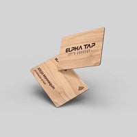 Wooden business card with 'ELPHA TAP LET'S CONNECT' engraving, modern design for professional networking