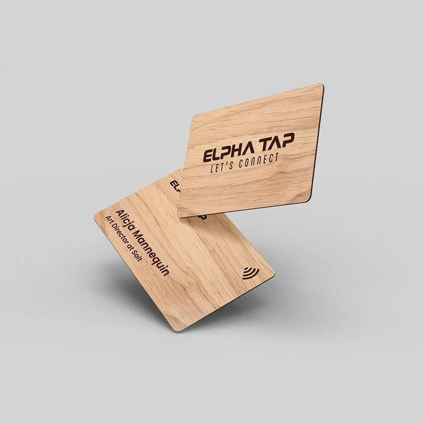 Wooden business card with 'ELPHA TAP LET'S CONNECT' engraving, modern design for professional networking