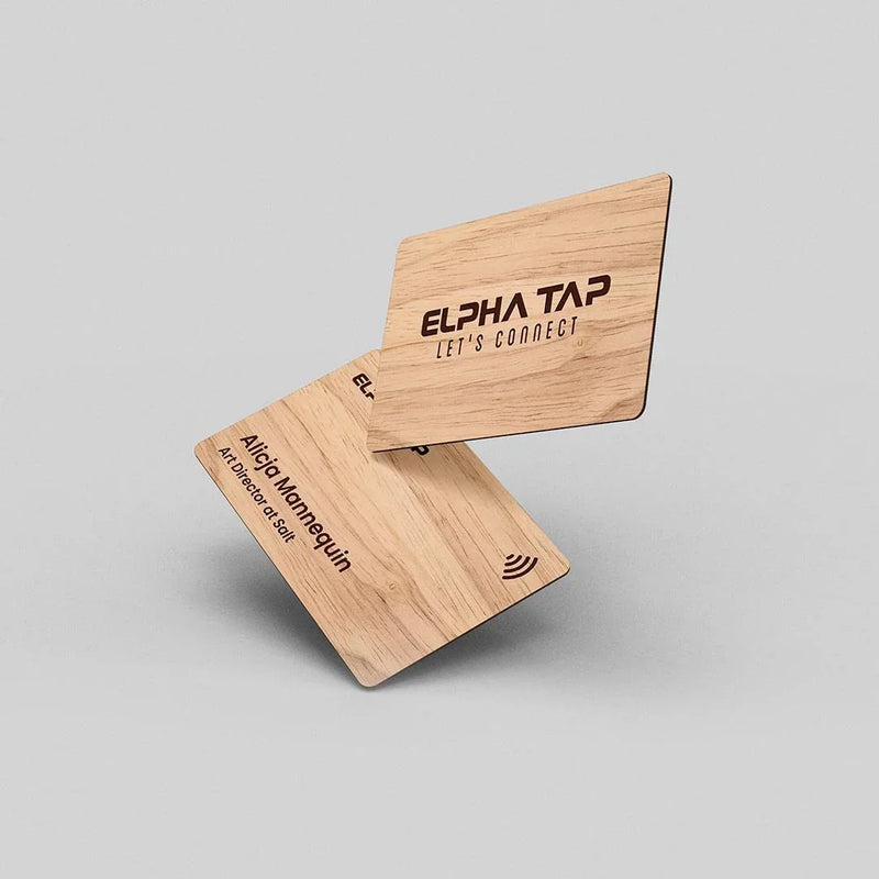 Wooden business card with 'ELPHA TAP LET'S CONNECT' engraving, modern design for professional networking