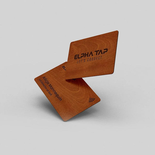 Wooden business card with 'ELPHA TAP' branding and NFC symbol, sleek design for professional networking