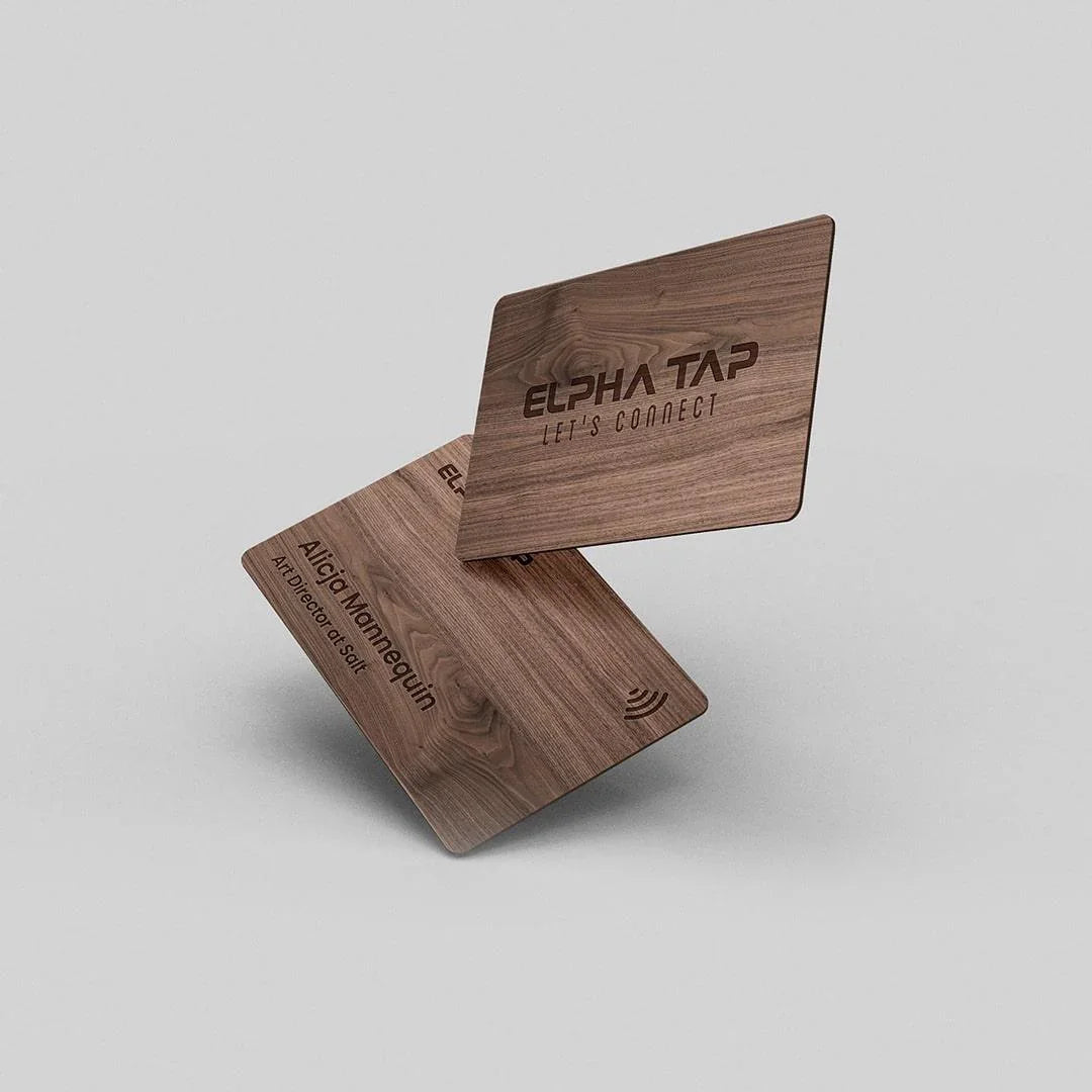 Wooden business card with engraved text and NFC symbol, premium design for professional networking