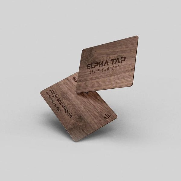 Wooden business card with engraved text and NFC symbol, premium design for professional networking