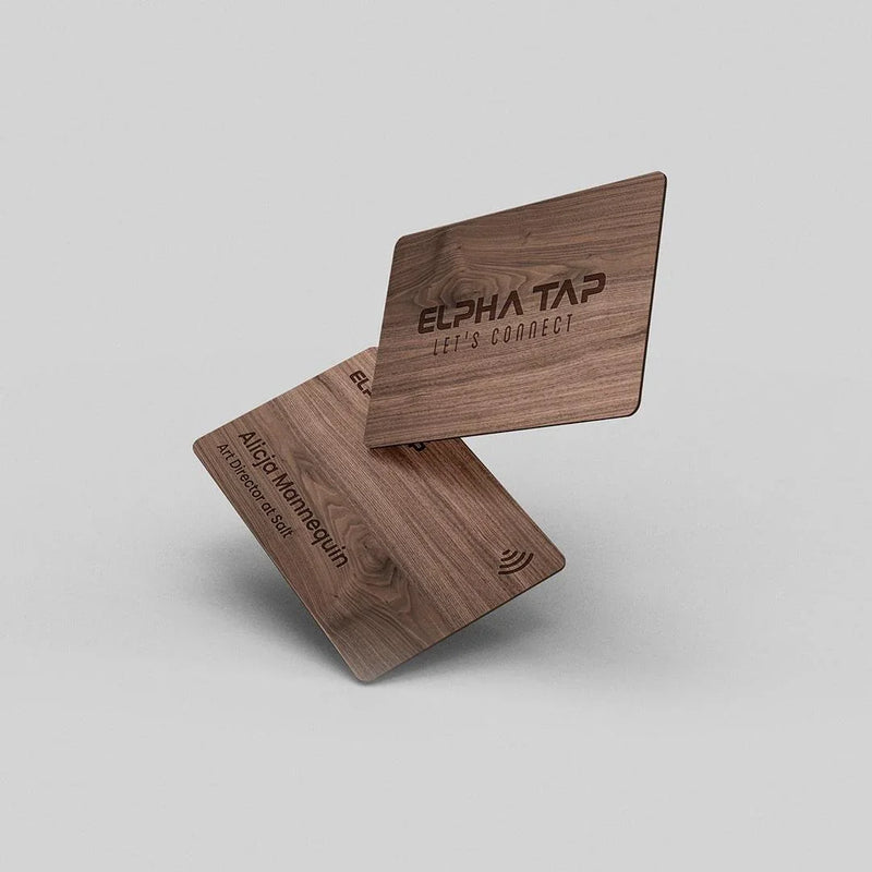 Wooden business card with engraved text and NFC symbol, premium design for professional networking