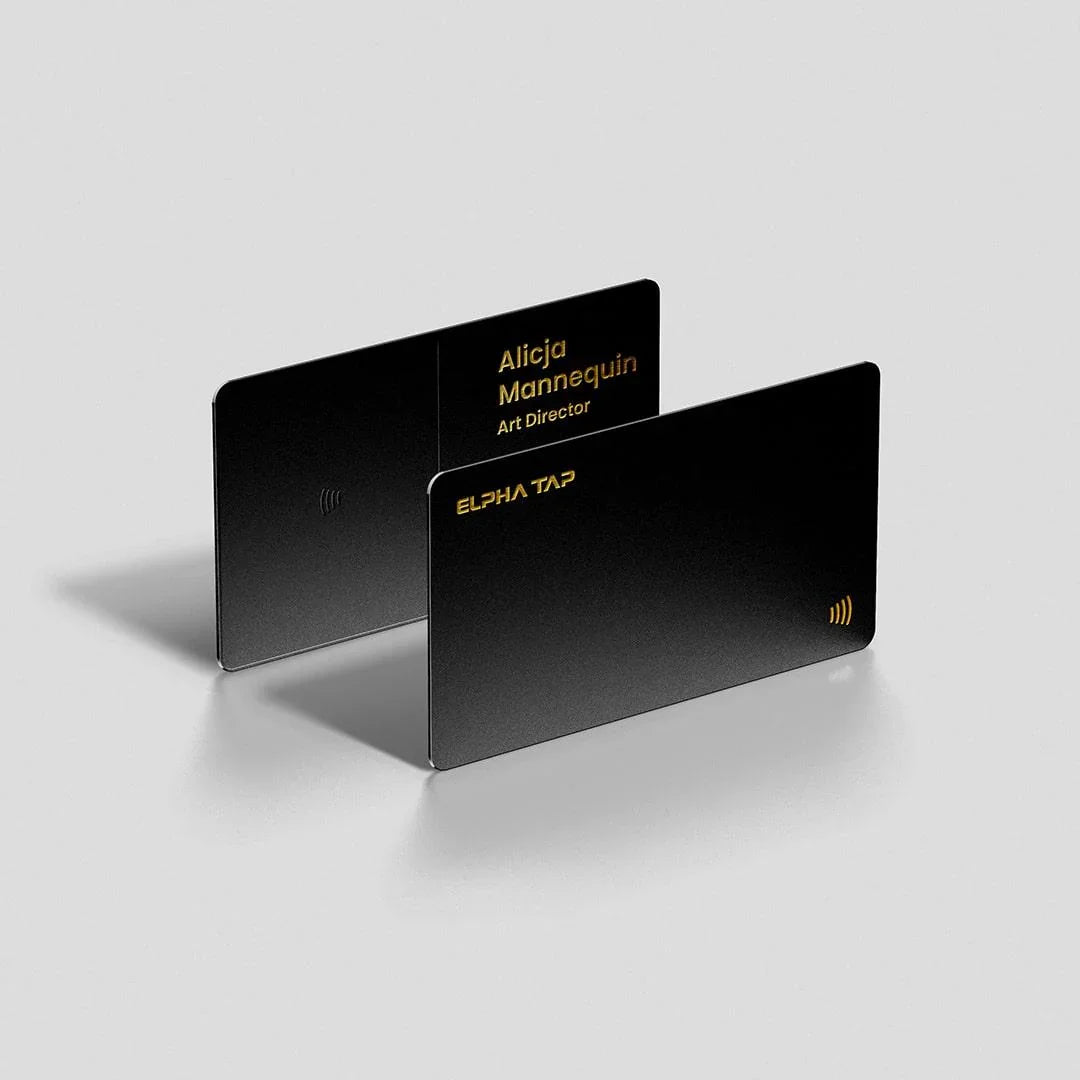 Black NFC business cards with gold text, sleek design for professionals, contactless tap feature