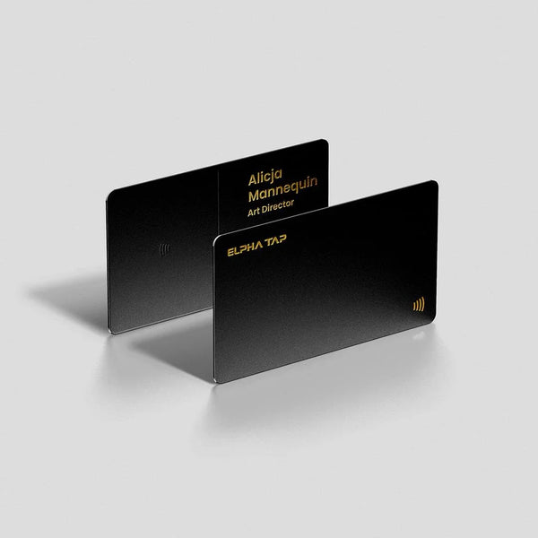 Black NFC business cards with gold text, sleek design for professionals, contactless tap feature