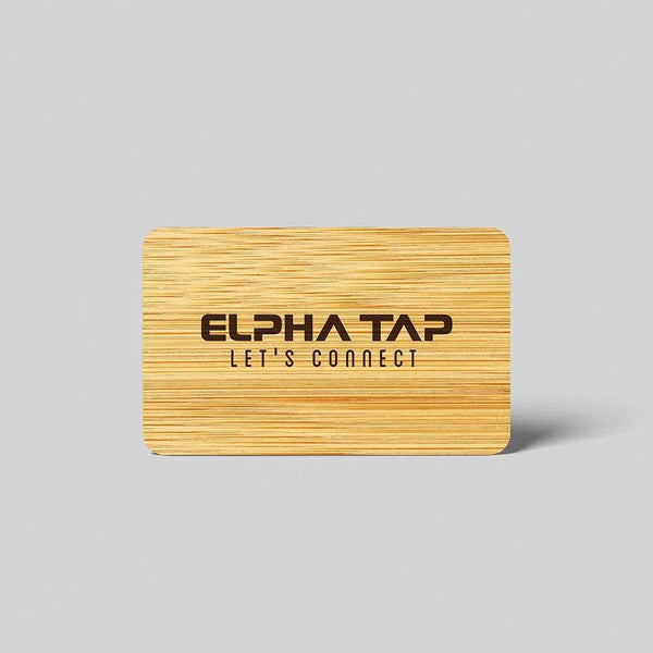 ELPHA TAP wooden business card with 'Let's Connect' text, natural grain texture, minimalist design