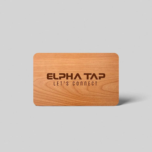 Wooden business card with ELPHA TAP logo and 'Let's Connect' text, premium design for networking