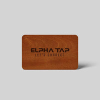 Wooden business card with 'ELPHA TAP LET'S CONNECT' engraving, premium design for professional networking