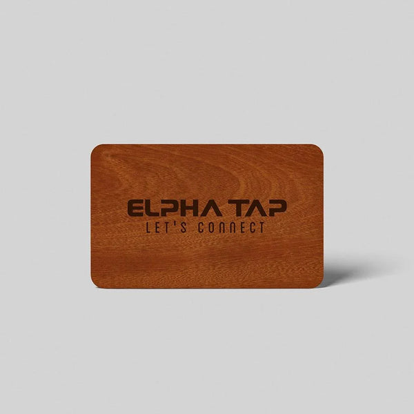 Wooden business card with 'ELPHA TAP LET'S CONNECT' engraving, premium design for professional networking