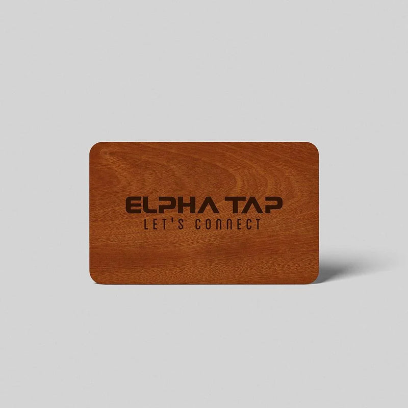 Wooden business card with 'ELPHA TAP LET'S CONNECT' engraving, premium design for professional networking