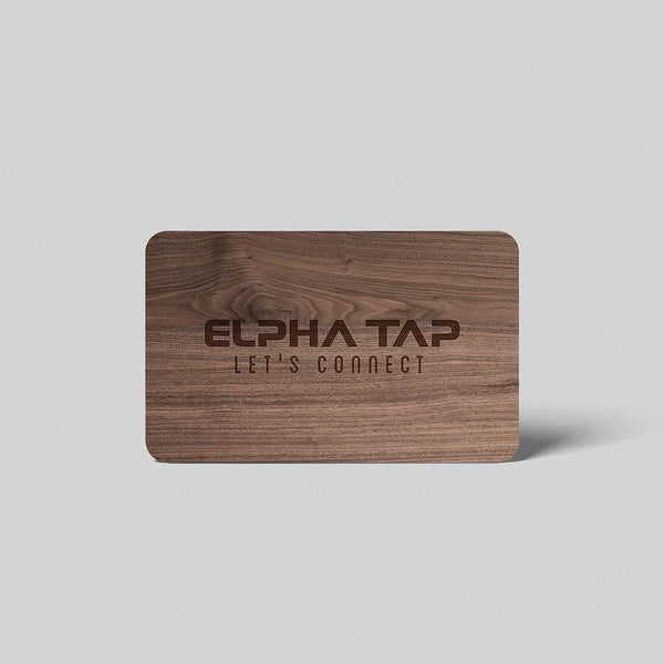 Wooden business card with 'ELPHA TAP LET'S CONNECT' engraved, premium design for professional networking