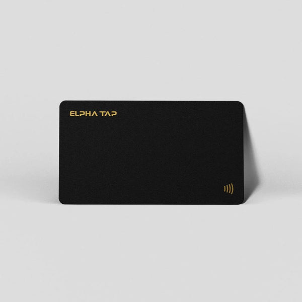 Black ELPHA TAP contactless payment card with gold logo and NFC symbol on minimalist background