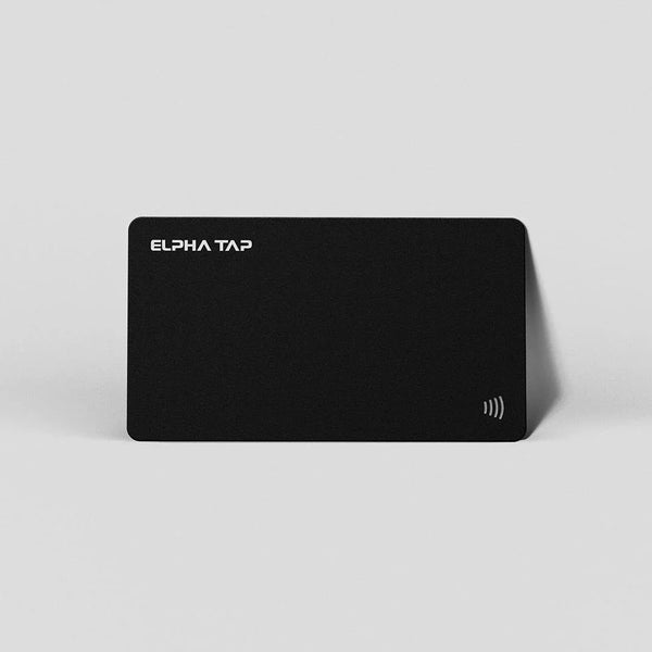 Black ELPHA TAP contactless payment card with NFC symbol, minimalist design on white background