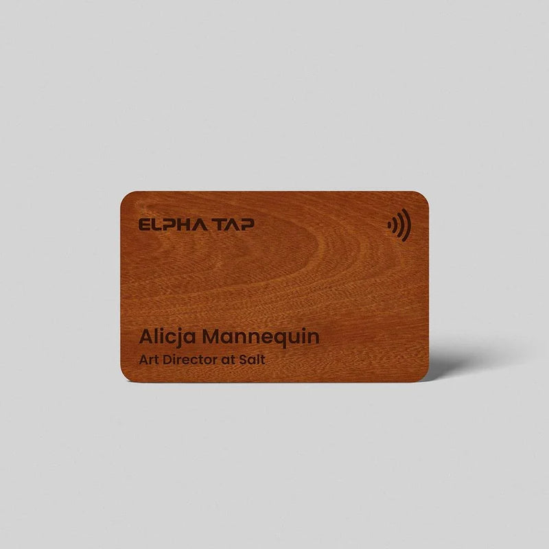 Wooden business card with engraved name and contact details, featuring ELPHA TAP logo and NFC symbol
