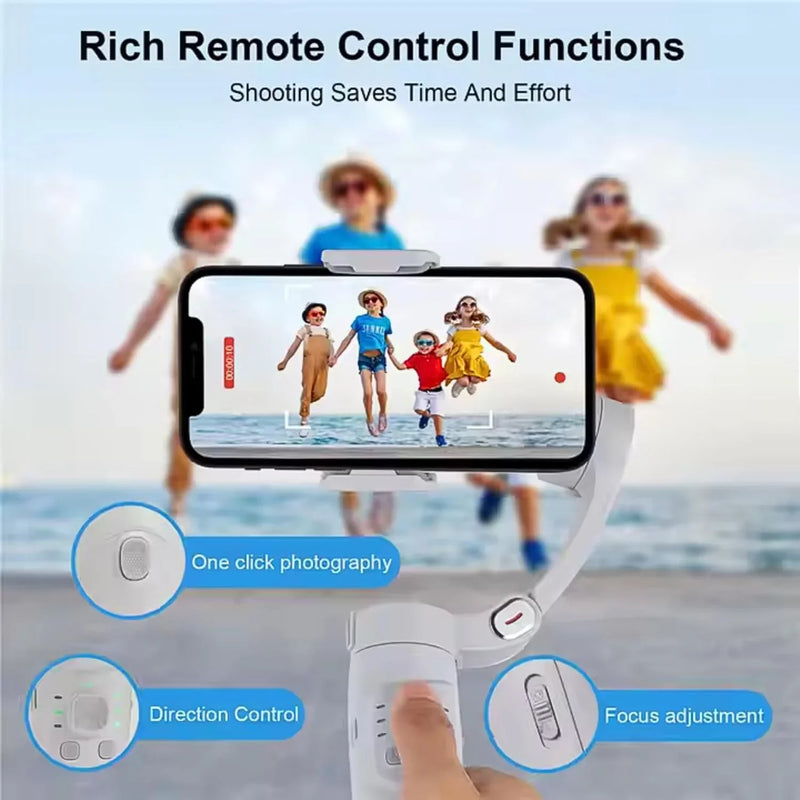 Smartphone gimbal with remote controls for one-click photo, direction, and focus adjustment on beach