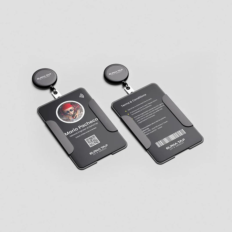Black AlphaTap ID badge with photo, QR code, and retractable reel for secure access