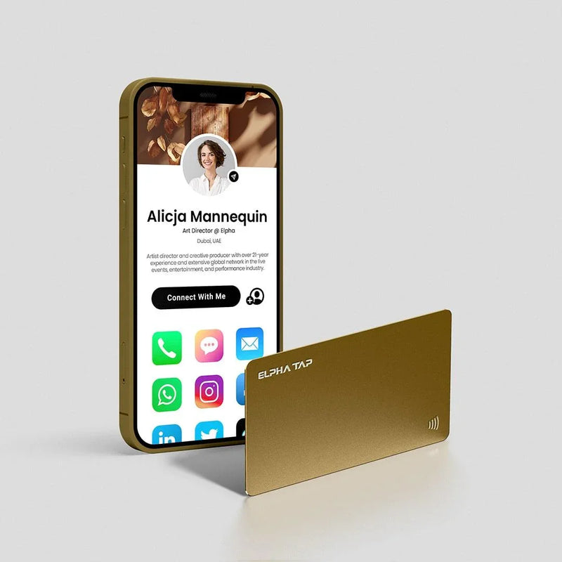Gold Elpha Tap NFC business card with smartphone displaying digital profile, UAE professional networking tool