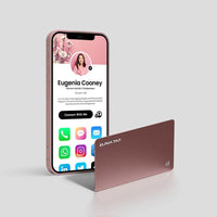 Alpha Tap digital business card with NFC, shown with phone displaying contact profile for Eugenia Cooney