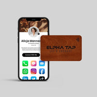 Wooden Alpha Tap NFC business card with digital profile on smartphone, UAE contact sharing