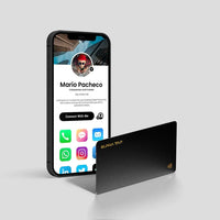 Alpha Tap NFC business card with smartphone displaying digital profile for networking and contact sharing
