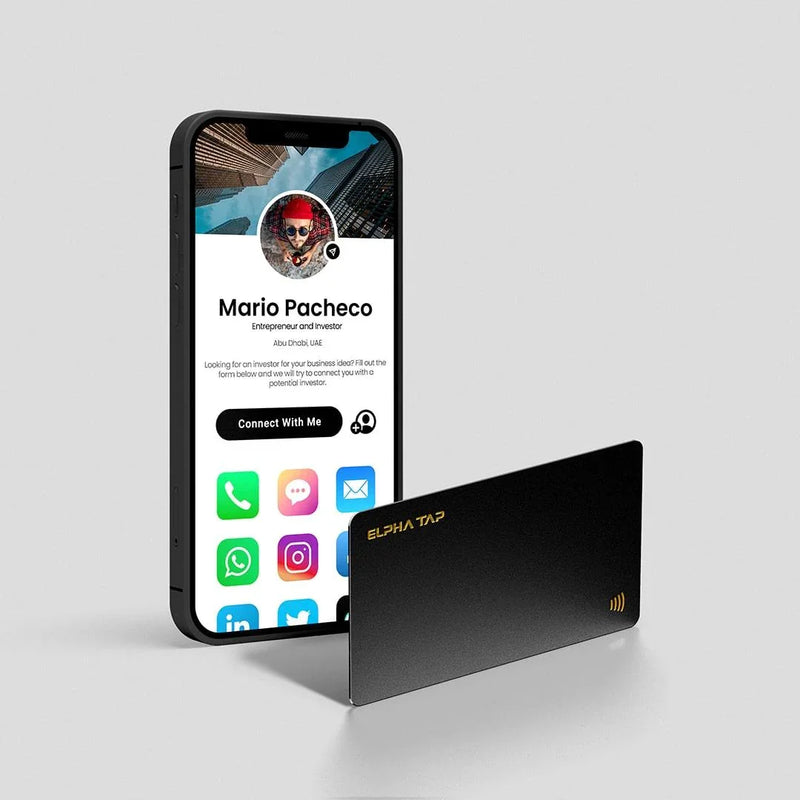 Alpha Tap NFC business card with smartphone displaying digital profile for networking and contact sharing