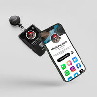 Smart digital business card with QR code and phone contact display, modern networking tool