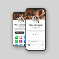 Digital business card app interface on smartphones showing contact details and social links for networking