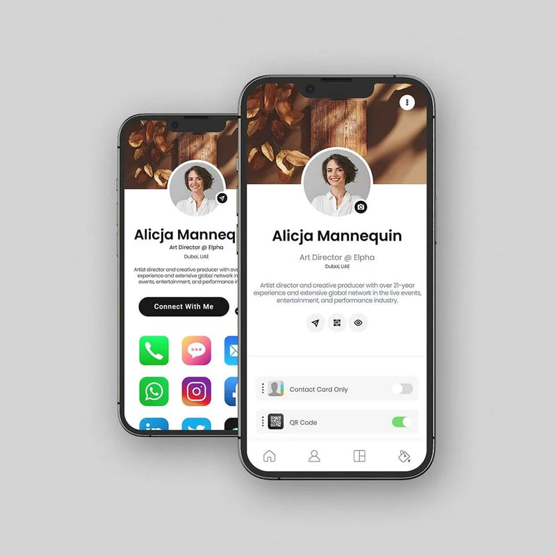 Digital business card app interface on smartphones showing contact details and social links for networking