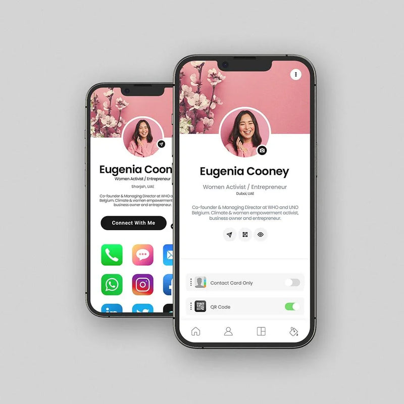Digital business card app on smartphones showing Eugenia Cooney’s profile with contact options and QR code